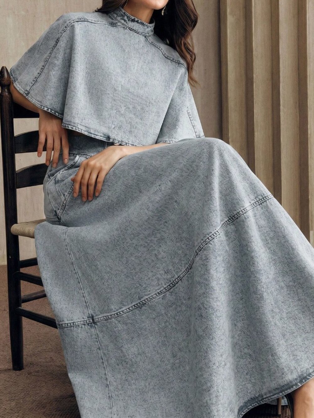 Blue Elegant Women's Peplum Hem Skirt & Short Sleeve Denim Cape Set - Picture 3 of 7